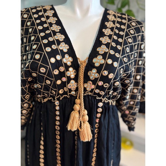 Palak Boho Maxi Dress Mirror Embellished Tassel Tie V Neck Long Kaftan - Picture 3 of 8